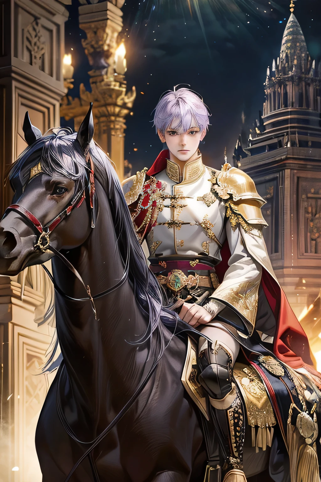 Best Quality, 4K, 1Male, Lavender Hair, black eyes, Red suit, Gold and Black armor, Old Javanese Knight Style, Prambanan Temple background, Masculine body, Swordmaster, Royal palace, ridding Horse, Detailed Eyes, Detailed Face, Accurate Whole Body, Masterpiece Body, Accurate, High definition