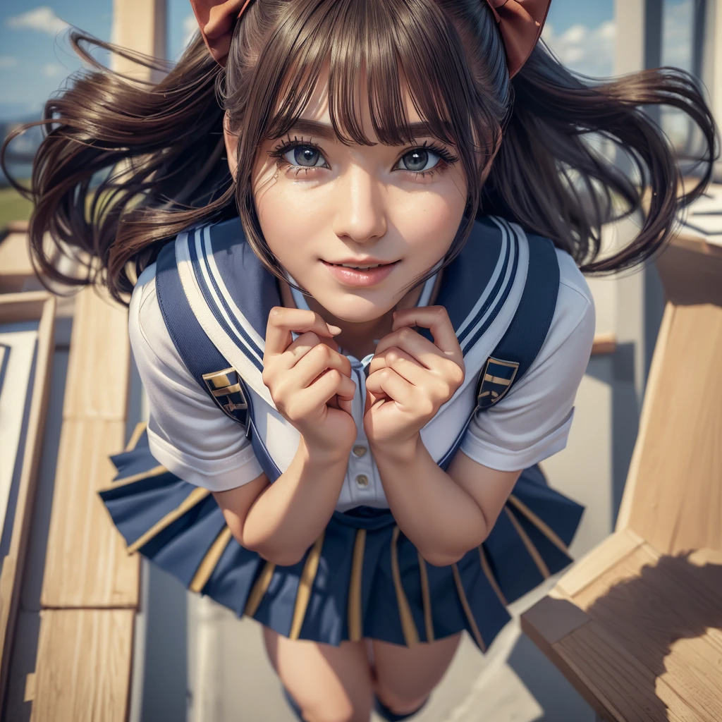 (best quality, masterpiece:1.5), (ultra-detailed, realistic:1.37),4K,cute,beautiful,(salor school uniform:1.2),(skirt),(big breast),(ponytale),from above,standing,windy skirt
