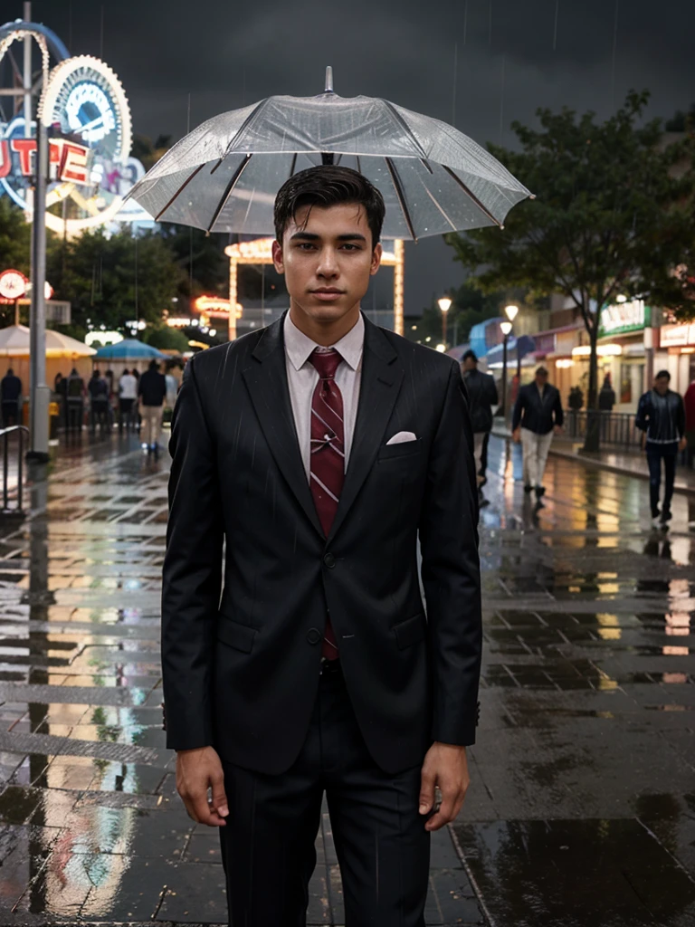 High school boy in a suit, alone in the rain at an amusement park
