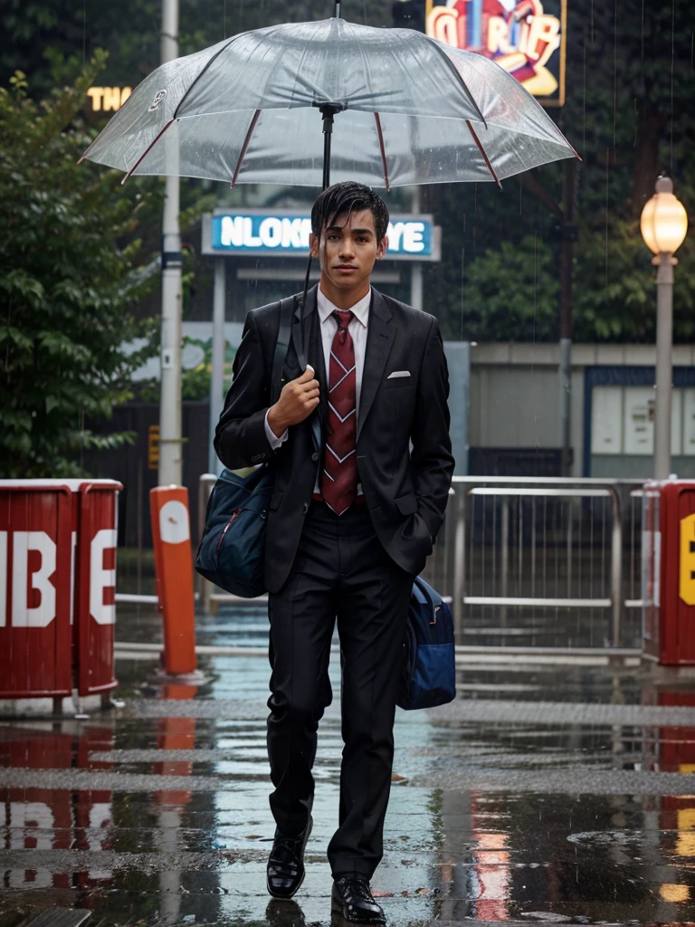 High school boy in a suit, alone in the rain at an amusement park