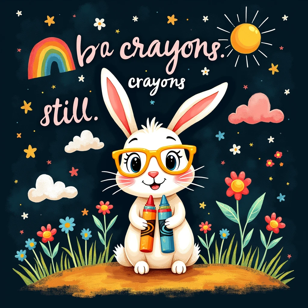 black background,whimsical,playful design with a soft, textured finish.The central illustration is a cute happy rabbit with large, expressive eyes and oversized yellow glasses, holding a set of broken crayons,its is broke. Above rabbit, include the title 'Broken Crayons Still Color' in a playful, handwritten font that mimics the look of crayon or chalk. Surround the character with childlike drawings, such as a rainbow, sun, and flowers, set against a sky-blue backdrop.Use a vibrant and cheerful color palette. The overall layout centered around the main character, with the title above and additional text at the bottom, balancing the composition to create an inviting and emotionally resonant design