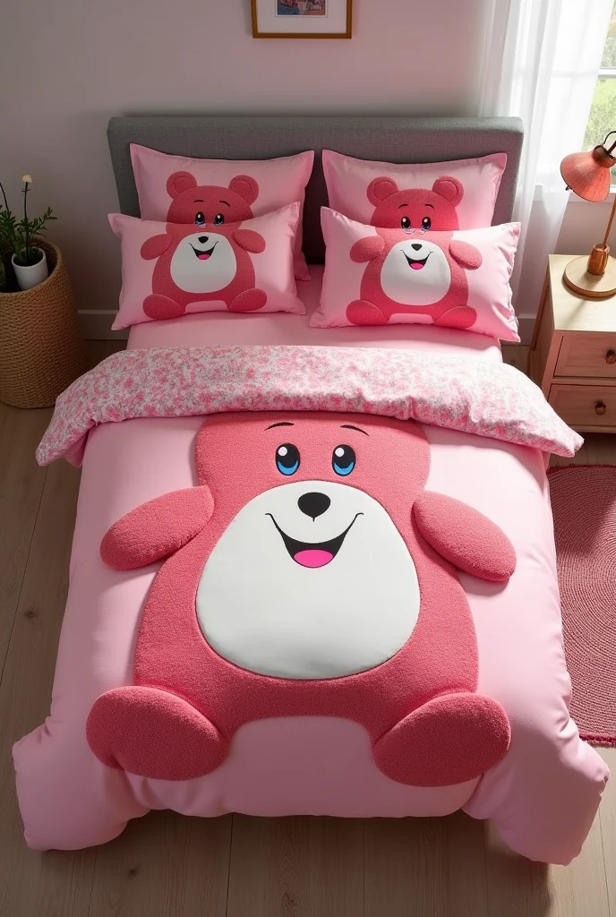 an example of a mattress that uses sheets and a bedcover with a lotso bear motif