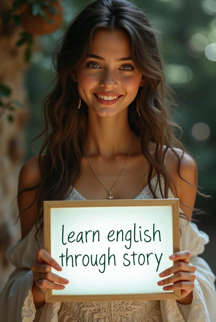 Beautiful girl with heart-warming smile and wavy long hair, bohemian dress, holding a white board with text "learn English Through Story" and showing it to the viewer, the board is glowing with the text.