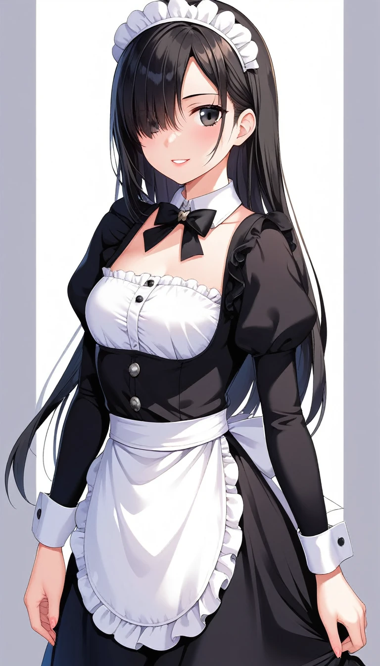 score_9, score_8_up, score_7_up, source_anime,sfw,(2D illustration, 8k CG :1.3),(colorful),(a maid lady),(1woman,is tall height,is standing,Maid apron,Wearing black maid costume,thin lipstick), smile,(small breast),((black Hair,straight hair,hair over one eye,black eyes)) ,cowboy shot,simple background