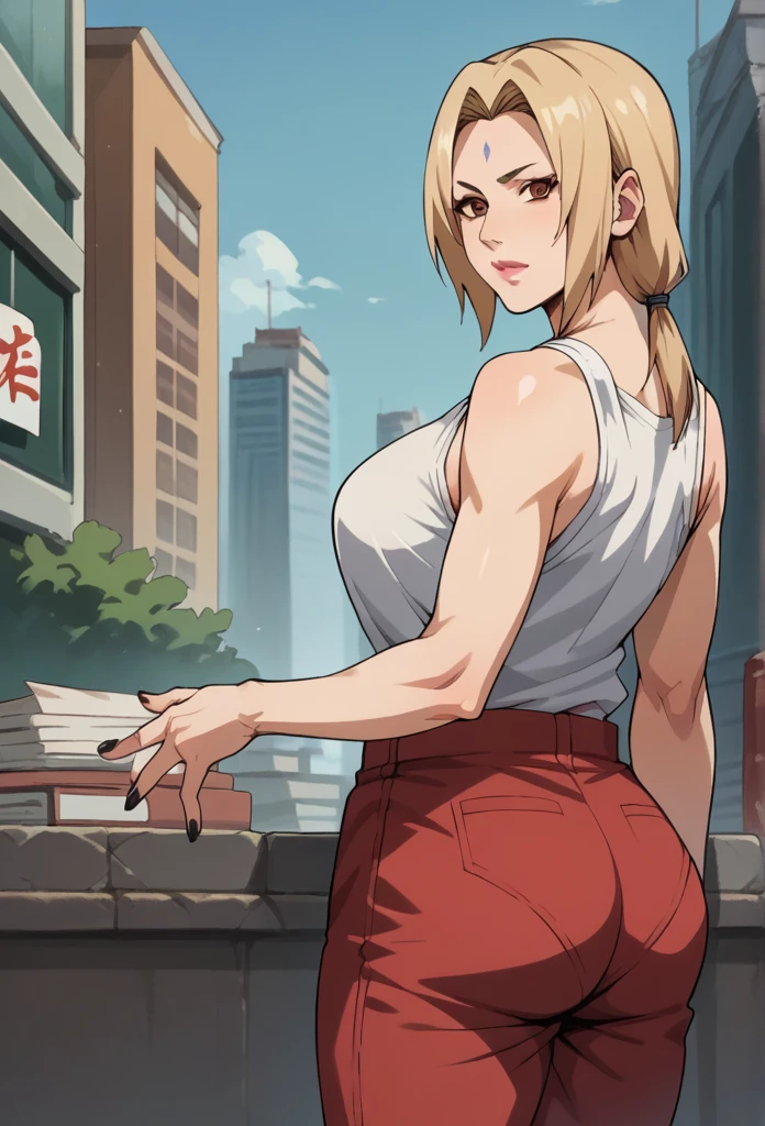 score_9, score_8_up, score_7_up, BREAK, score_9, ChopioTsunade, blonde hair, short hair, low twintails, hair tie, brown eyes, mark on forehead, pink lipstick, mature woman, large breasts, black nails, outfit_2, black topper, collarbone, , red pants, looking at viewer, cowboy shot, ass, from behind, city