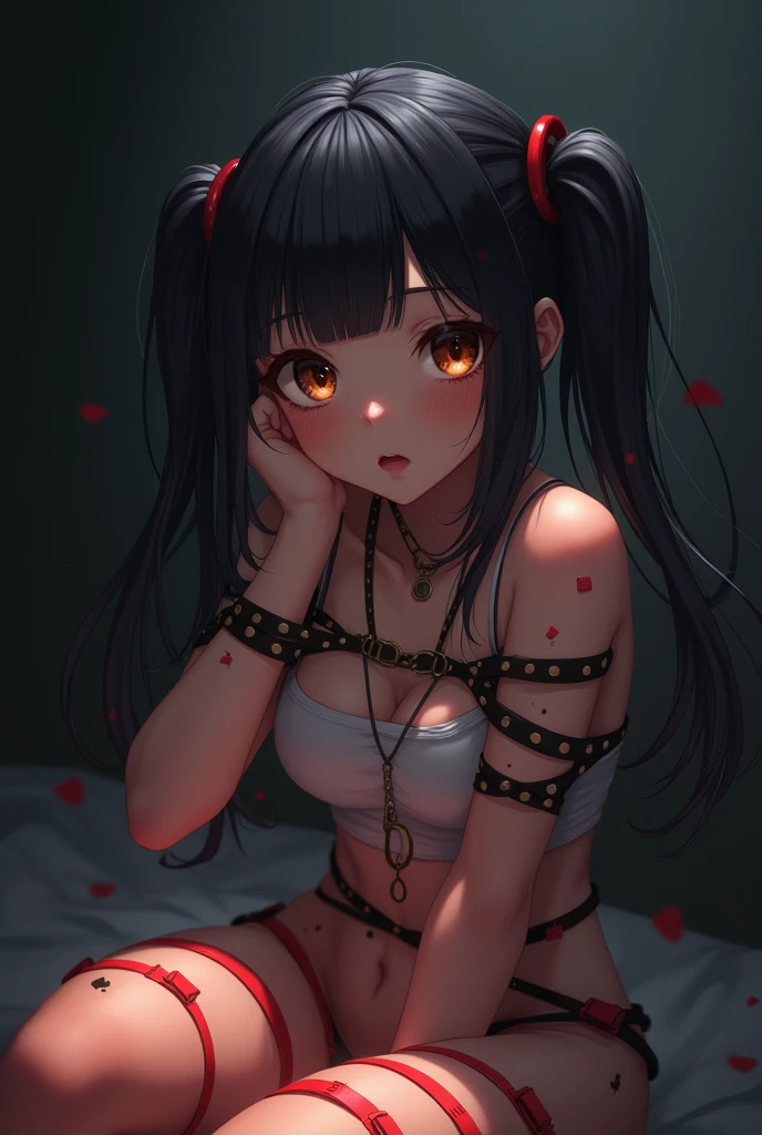 A captivating artwork depicting a young, innocent-looking beauty bound with restraints in a dark, alluring setting. The girl exudes a sense of vulnerability and intrigue, her eyes filled with a mix of curiosity and a hint of defiance. The art style is reminiscent of a seductive anime aesthetic, with attention to detail that highlights the intricate design of the restraints. The lighting creates a dramatic atmosphere, casting shadows that enhance the mysterious and provocative nature of the scene