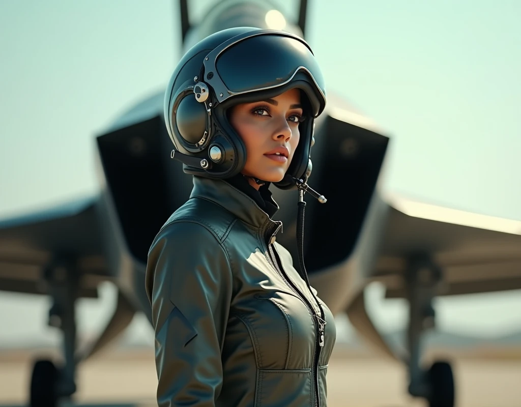 Aishwarya Rai wearing a fighter pilot suit, wearing a pilot helmet and oxygen mask, standing beside a fighter plane, full body view, far view, side view,