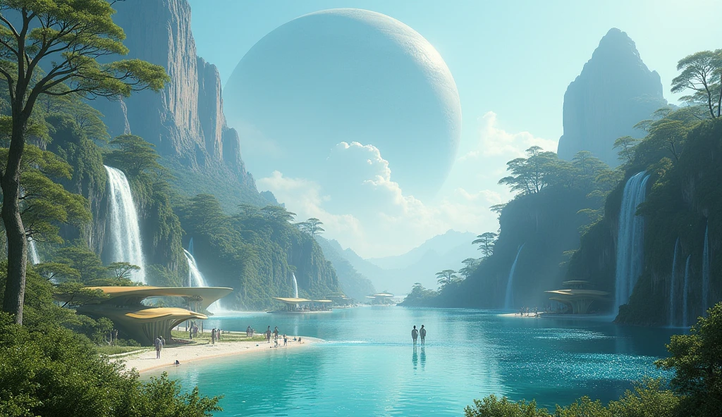 SPACE SNOW FLYING BY Isometric perspective view. Immerse yourself in a paradise world, enlightened and rich, where the purity of the air and the cleanliness of the environment create an atmosphere of unparalleled serenity. A large nearby planet adorns the crystal-clear sky, complementing the natural beauty of the landscape. Majestic waterfalls flow constantly, serving as the heart of this paradise. The inhabitants of this world, beings similar to humans but more beautiful, tall and elegant in their walk, They live in perfect harmony with nature. Their R Style homes. h. Giger, They are mega futuristic, They are perfectly integrated into the natural environment, merging with the flora and fauna that surrounds them. the sun shines brightly, making the waters sparkle with an almost magical glow. The temperature is ideal, further beautifying the air, while the inhabitants of this place enjoy an eternal and happy existence. The film presents an intricate and harmonious landscape, Captured in a hyper-realistic high-resolution image at 8K. every detail, from artifacts to natural elements, It is highly defined and focused, revealing the perfection of this alien paradise. The cinematography uses a superior wide-angle lens with the maximum possible aperture., allowing every aspect of the scene to be captured with stunning clarity and depth. The lighting is carefully designed in a professional film studio, ensuring that every corner of the stage shines with an ethereal light that enhances the beauty and peace of this world.. "Eternal Harmony" It is a visual journey to an alien paradise, a place where the perfection of nature and the harmony of its inhabitants create a world that seems to be out of time. This idyllic setting invites us to reflect on the beauty of a life lived in harmony with the environment., a reminder of what can be achieved when technology and nature