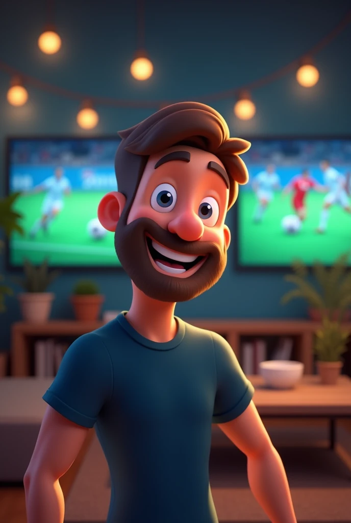 a happy animation guy winning bet. The happy man has a database . In the background a living room with football sports screens. Professional lights