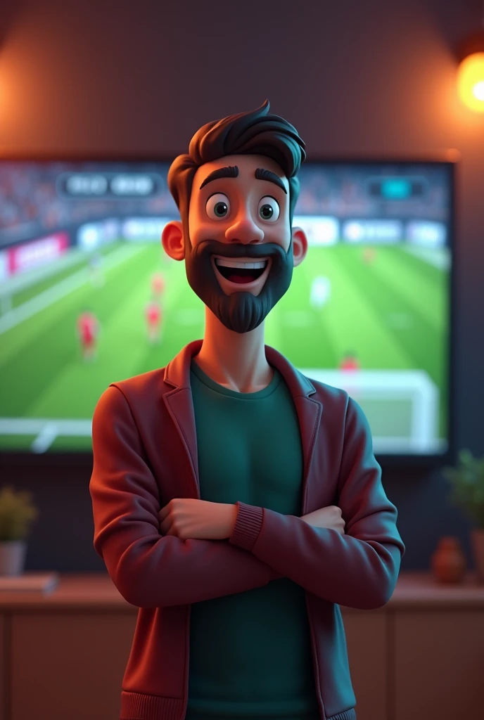 a happy animation guy winning bet. The happy man has a database . In the background a living room with football sports screens. Professional lights