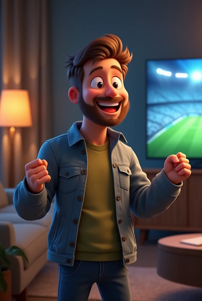 a happy animation guy winning bet. The happy man has a database . In the background a living room with football sports screens. Professional lights