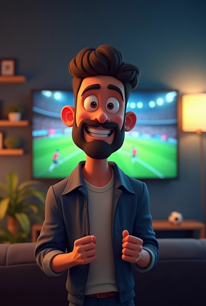 a happy animation guy winning bet. The happy man has a database . In the background a living room with football sports screens. Professional lights