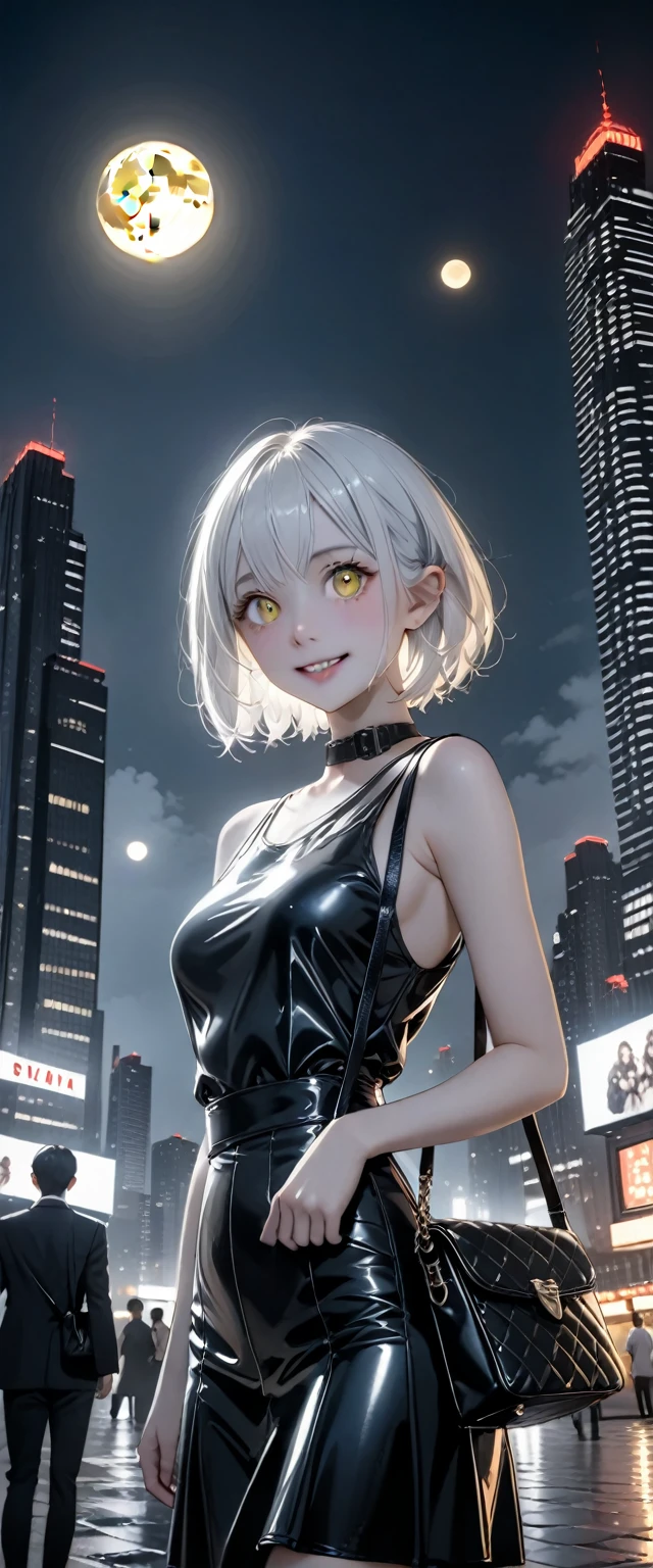 black and white bicolor hair, ,Asymmetrical hair, short hair,Crazy eyed woman。Yellow Eyes, smile。Black latex long skirt。Latex black sleeveless。Black messenger bag。Goat ears,Lonely。Dark atmosphere。A group of realistic buildings。Skyscraper。full moon。Beautiful night view。Cowboy Shot。Cinema Lighting ,masterpiece,, Highest quality, 8k.