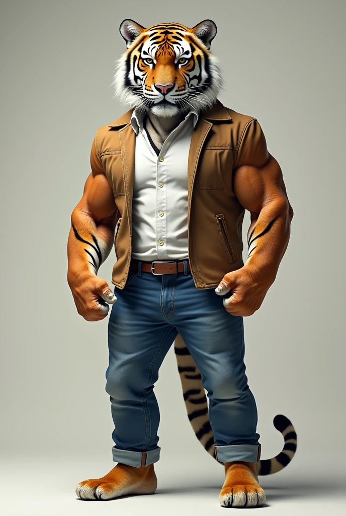 A big tiger wearing a jins and shirt