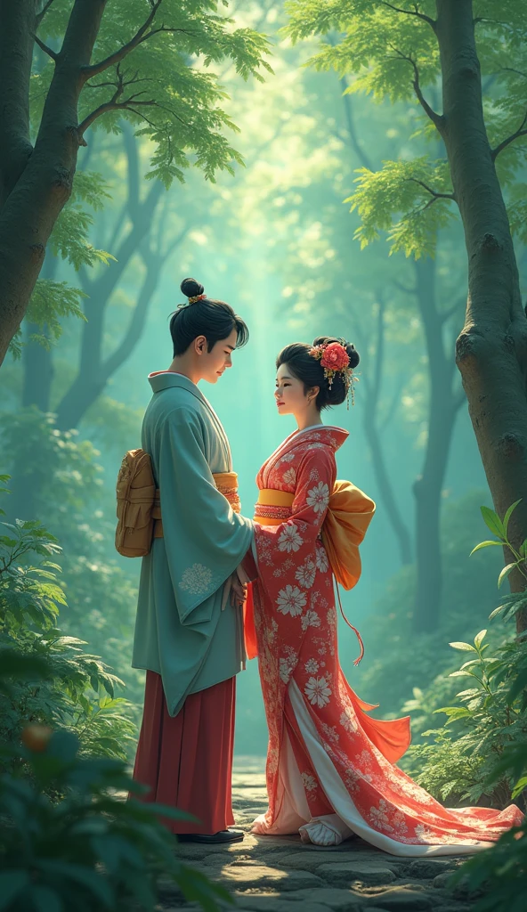 (Highest quality,4K,High resolution:1.2),Japanese couple,Beautiful detailed girl,geisha,Japan Rainforest,Romantic atmosphere,2 people,Dreamy landscape,kimono,Traditional culture of Japan,Intricate details,Soft color palette,Fine brushwork,Vibrant colors,Serene atmosphere,Gentle rain,Quiet environment,Subtle lighting,Harmonious composition,Calm mood,Heavenly Beauty,Ghibli style