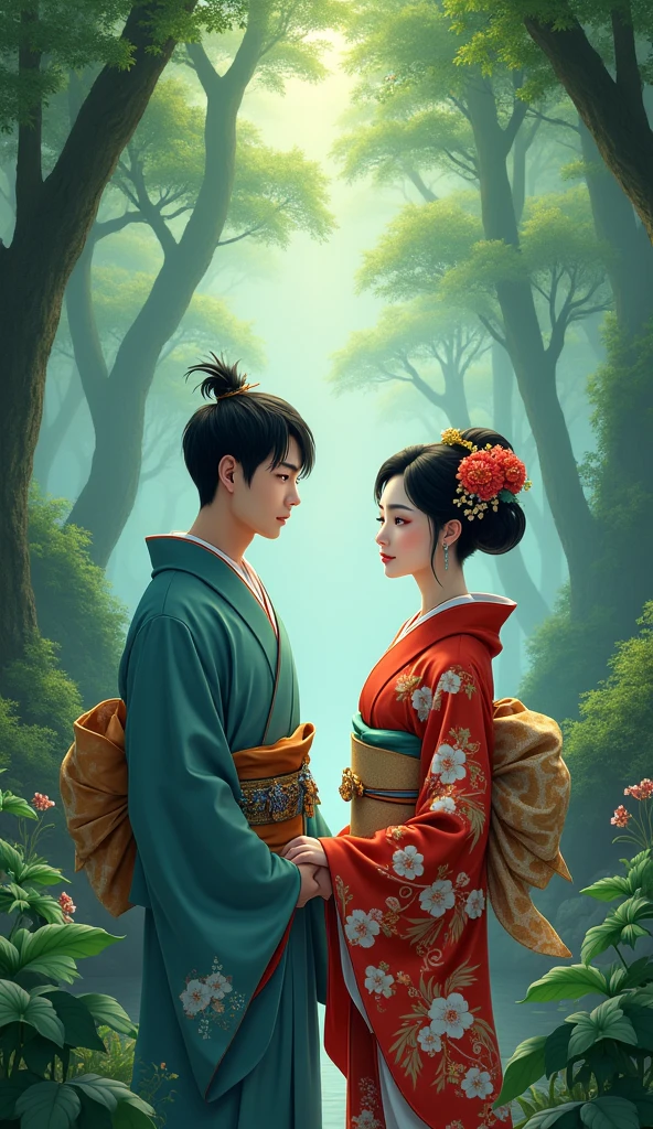 (Highest quality,4K,High resolution:1.2),Japanese couple,Beautiful detailed girl,geisha,Japan Rainforest,Romantic atmosphere,2 people,Dreamy landscape,kimono,Traditional culture of Japan,Intricate details,Soft color palette,Fine brushwork,Vibrant colors,Serene atmosphere,Gentle rain,Quiet environment,Subtle lighting,Harmonious composition,Calm mood,Heavenly Beauty,Ghibli style
