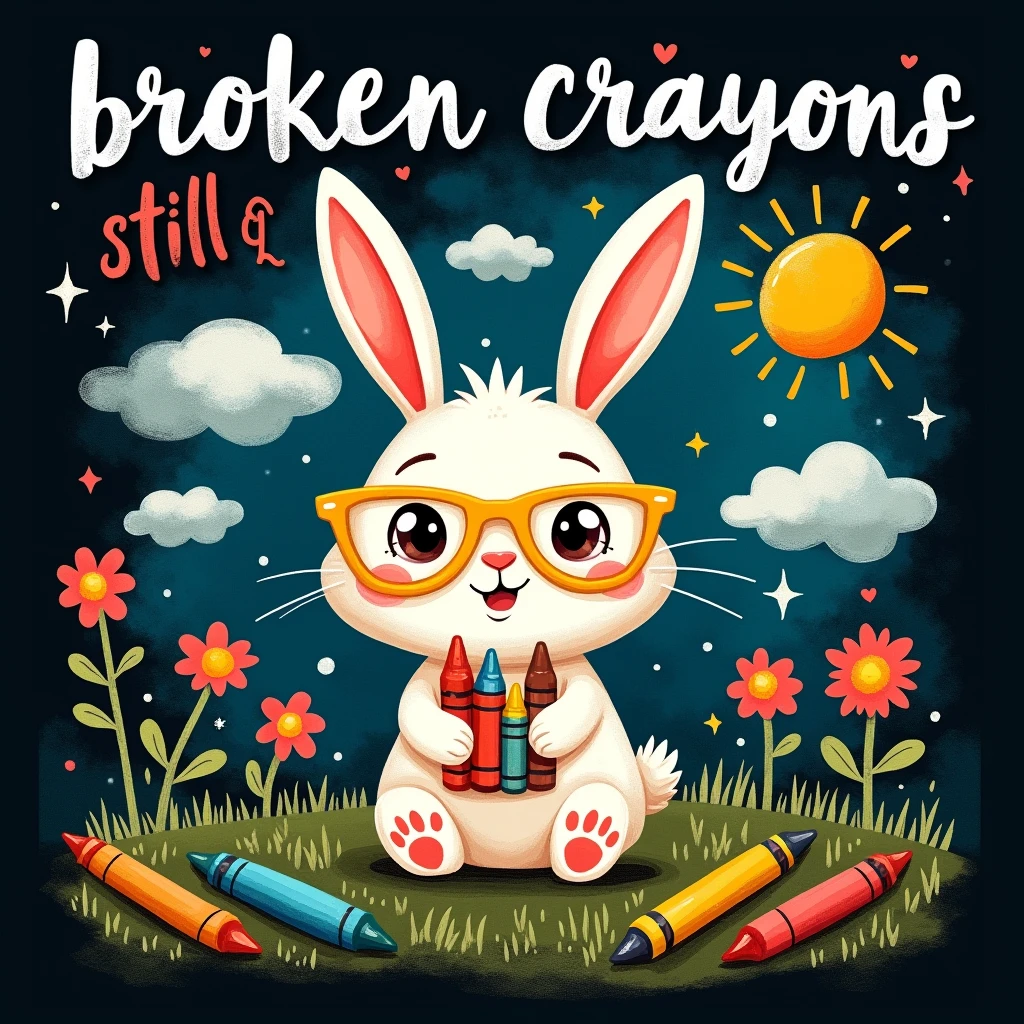 black background,whimsical,playful design with a soft, textured finish.The central illustration is a cute happy rabbit with large, expressive eyes and oversized yellow glasses, holding a set of broken crayons,its is broke. Above rabbit, include the title 'Broken Crayons Still Color' in a playful, handwritten font that mimics the look of crayon or chalk. Surround the character with childlike drawings, such as a rainbow, sun, and flowers, set against a sky-blue backdrop.Use a vibrant and cheerful color palette. The overall layout centered around the main character, with the title above and additional text at the bottom, balancing the composition to create an inviting and emotionally resonant design