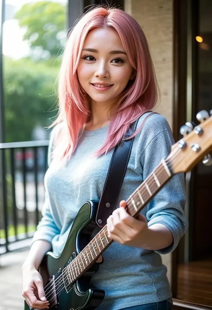 arafed woman Pink Hair Holding the guitar and smiling, Pink Hair, Roseanne Park from Blackpink, Belle Delphine, Cute girl with pink short hair, Real life anime girls, Janice Sun, amy sol style, 流れるようなPink Hair, Chiho, San Yun-ju, Dreaming Rock Girl, Carrying a guitar, Holding the guitar