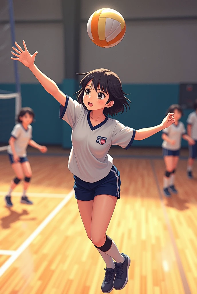 A high school girl with short black hair is wearing a gym uniform and playing volleyball
