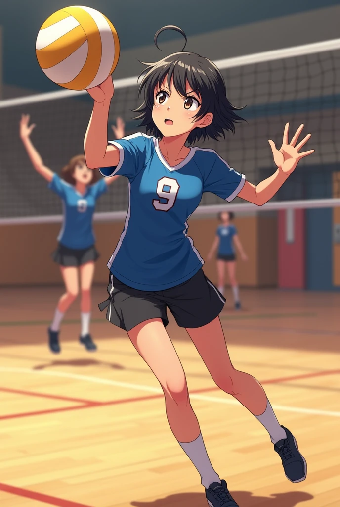A high school girl with short black hair is wearing a gym uniform and playing volleyball