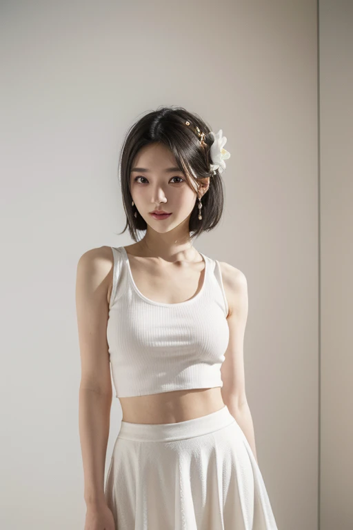 (2 Japanese girl,), (Small breasts:1.5,),(solo,Textured skin, Detailed skin,Detailed face,Detailed eyes,detailed posing,Natural eyebrows,Perfect limbs,High detail, Highest quality, Super detailed, Surrealism, ,8k,RAW Photos,Photographicism,Professional Lighting,Portrait Photography,),((Black Hair, Dark Eyes,Natural Makeup,Simple earrings,Bob Hair,happiness/joy)),(((White tank top,White flared skirt,Hair Flower, Standing looking at me)))