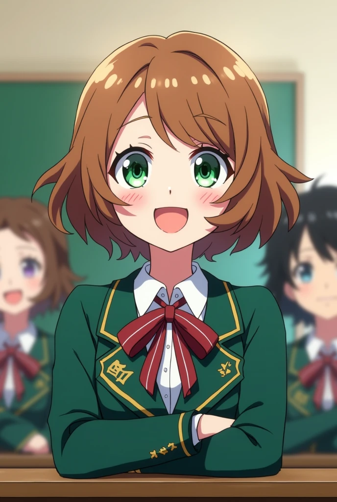 Screenshot of my hero academia. Girl with short wavy hazelnut hair, with a bang. He has green eyes with a bit of brown and has a happy expression.. She is wearing the UA uniform and the background has a UA school class and sitting next to a my hero academia bakugo character