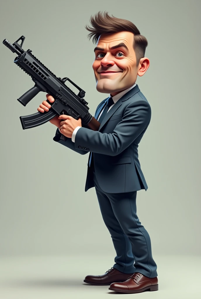 A 30 year man who wears a suit have a big machine gun in only one hand and machine gun , looking at screen realistic image face and body properly visible body facing front side while man looking left side man alon in image make it cartoon effect with funny face