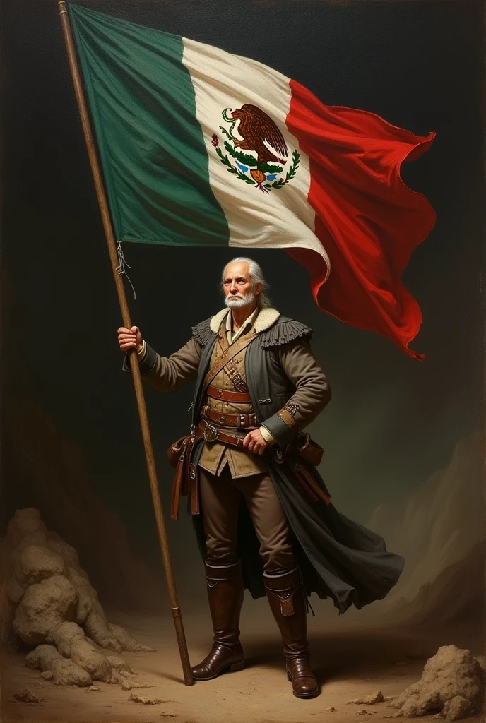 masterpiece, realist, high contrast, dark background,Caravaggio, white haired man, and bald, raised a flag of the Virgin of Guadalupe, Behind you can see the ravages of war, Miguel Hidalgo, hero of independence, from Mexico, high contrast, Renaissance painting style, baroque, Rembrandt, 