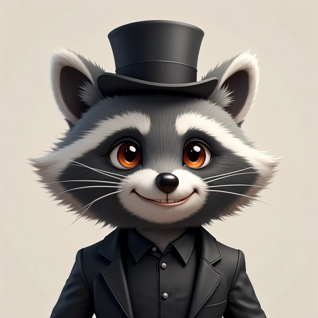 headshot of a fluffy, gray-furred anthropomorphic raccoon, expert smile, He has brown eyes, Grey ears and a rounder face he is dressed in a top hat and black shirt, high quality furry art, high quality fursona ref.