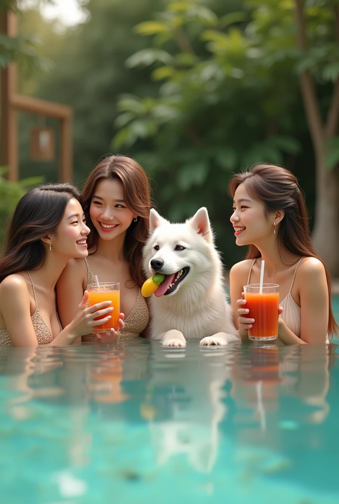 (photorealism:1.2), group of beautiful young women in a pool drinking juices and a white dog