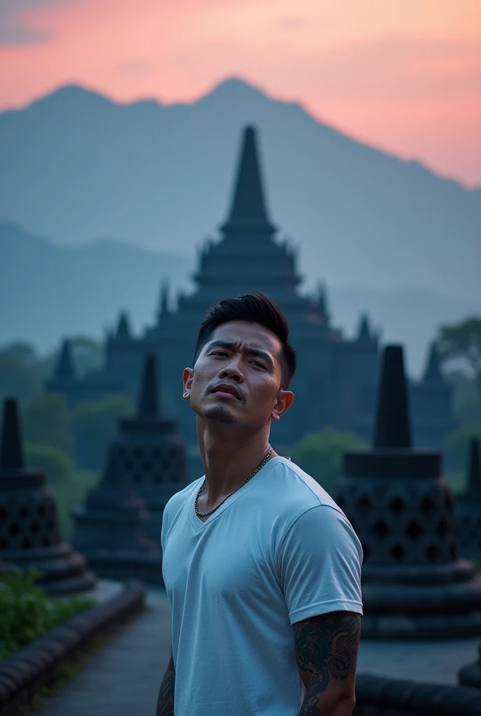 Cinematic and dynamic wallpaper with main text "Adesign Art!" in a boxy font with a dark blue and pink color scheme. There is a high definition image of a handsome tattooed Thai man in a short-sleeved white shirt., with a hurt and struggling expression. He has short, neat black hair.. The background is a cinematic scene with Borobudur temple., mountains, and road. The overall image has a cinematic feel..