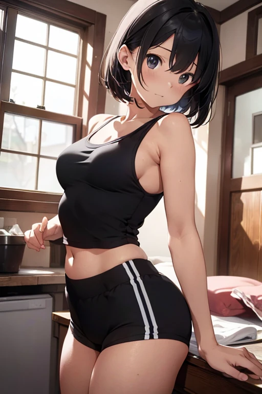 Japanese women，Black Hair，Short Bob、Visible nipples、Large size breasts、J cup breasts、Painful face、it hurts、Vomit、Vagina、forward leaning posture、urination、incontinence、Sports Bra、Quadrupedal、boxing、Put your right hand on the floor、Hold your stomach with your left hand