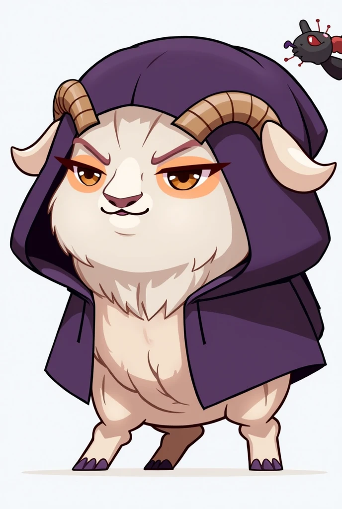 Make a white goat wearing a purple hood, the goat has to be humanoid and muscular but it has to have a goat face, The goat has muscular arms 