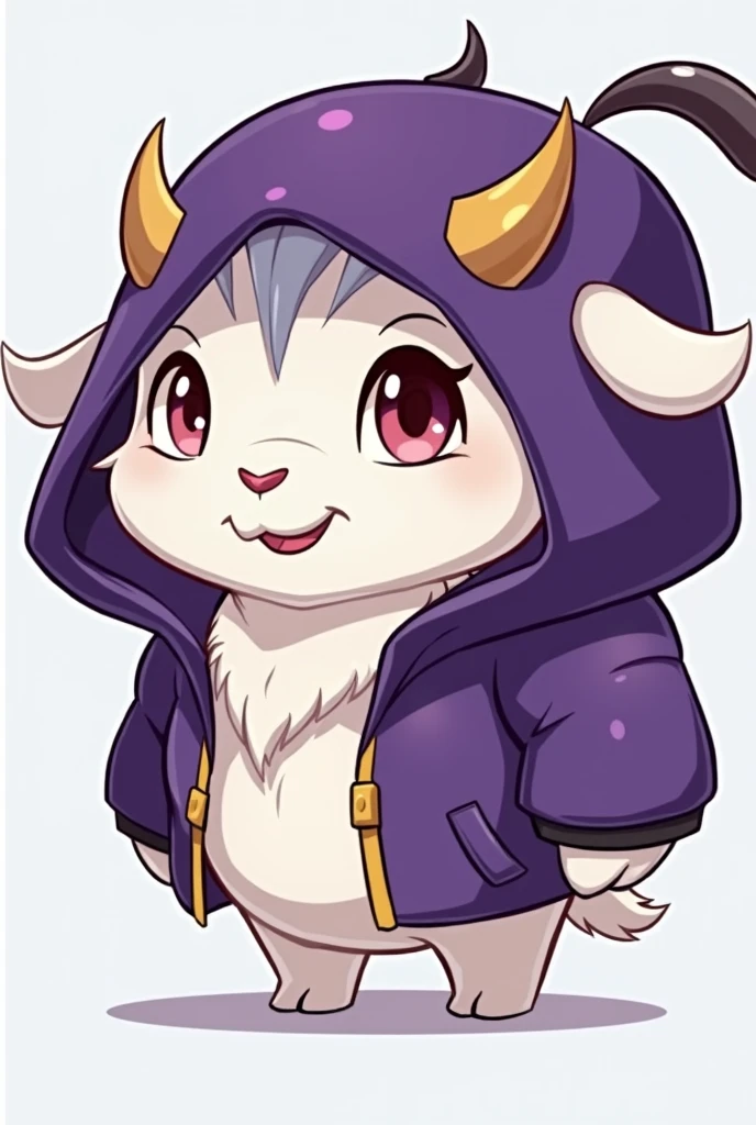 Make a white goat wearing a purple hood, the goat has to be humanoid and muscular but it has to have a goat face, The goat has muscular arms 