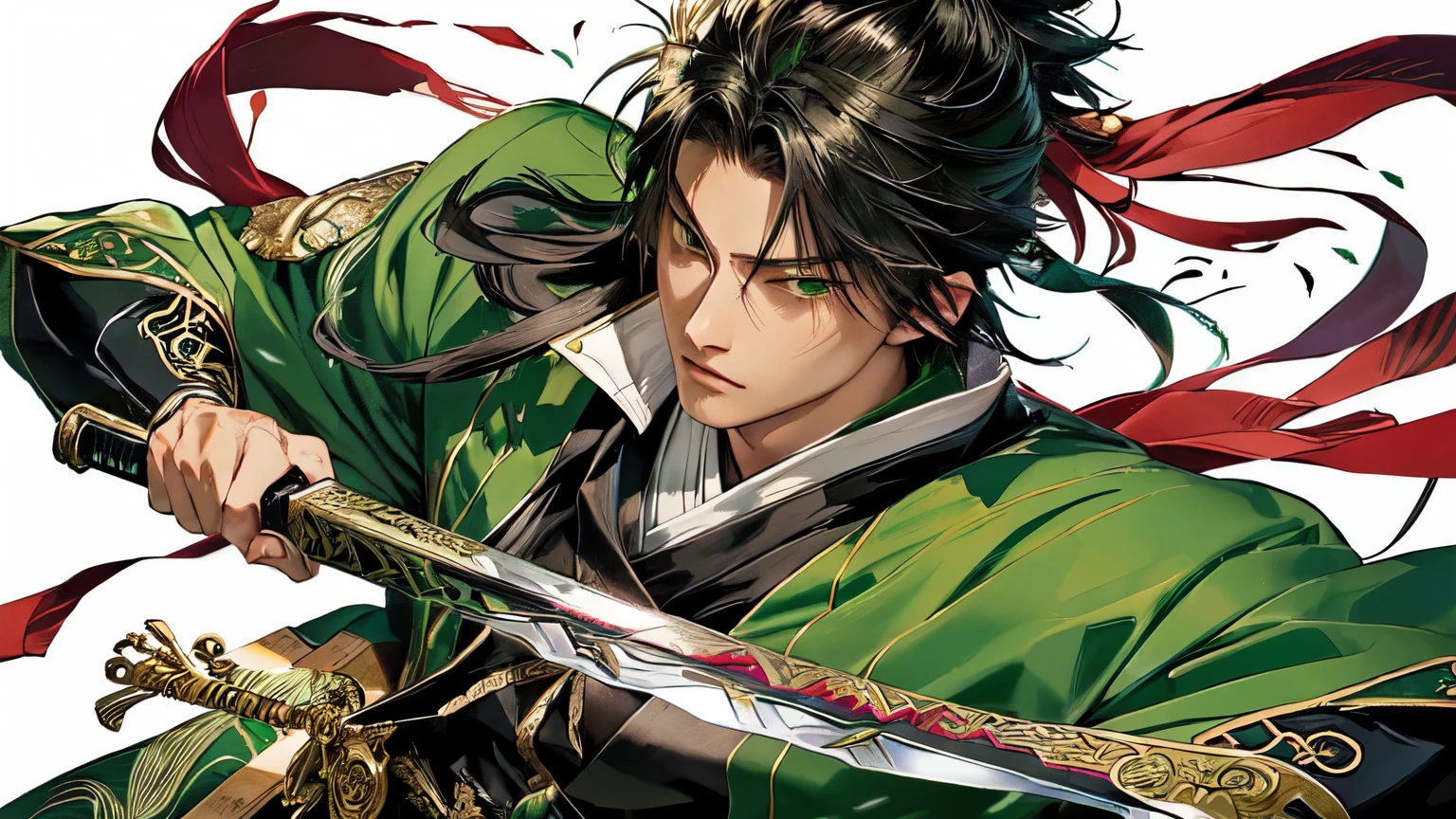 Man character with a sword and a green outfit, handsome guy in demon slayer art, inspired by Okumura Masanobu, taisho roman, male character, hijikata toushirou, sengoku - era art style, tsurumaki kazuya, shikanosuke yagaki, key art, akiyuki shinbou