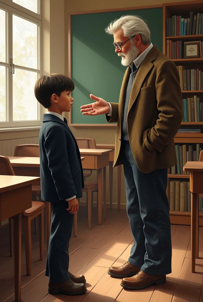 A boy student talks to a boy teacher