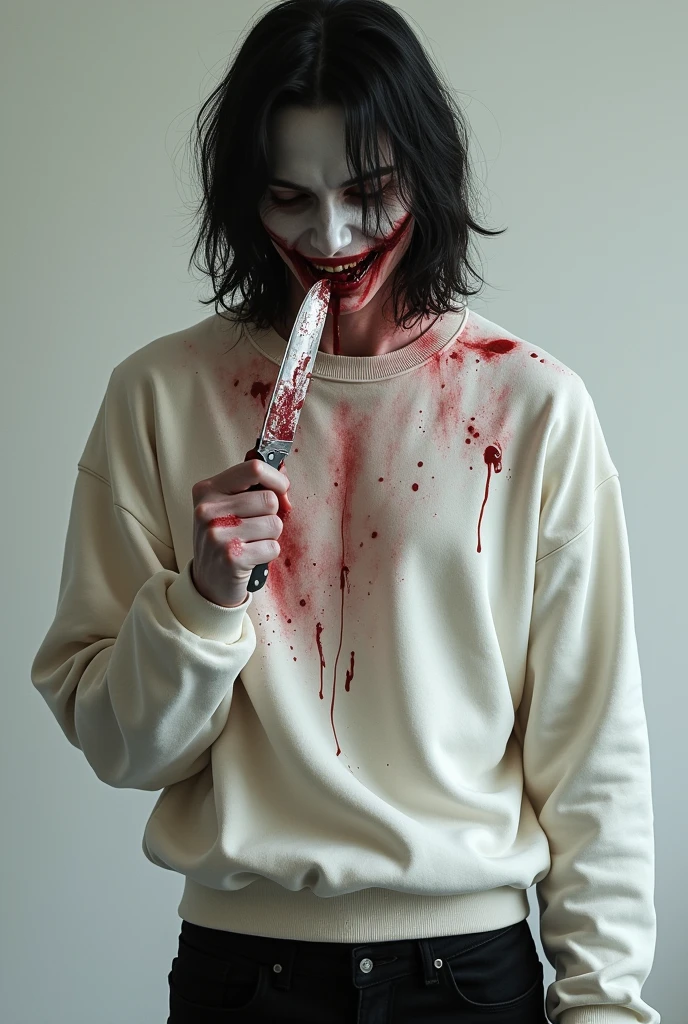 Man with white skin without eyelids with a cut smile licking a bloody knife wearing a white sweatshirt stained with blood and black pants with medium short hair quite attractive