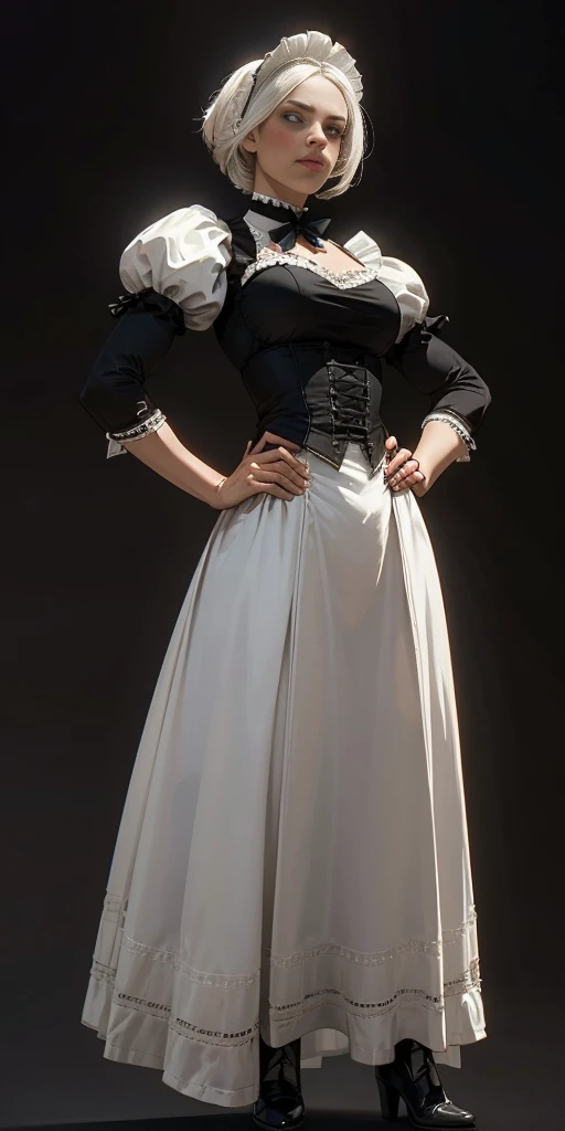 (black background) 1soloefemale, full body low angle, from below, A detailed, 8K high-definition digital art masterpiece depicts a muscular, white-haired female paladin templar in a Victorian maid outfit, standing symmetrically with her hands on her hips, viewed from below