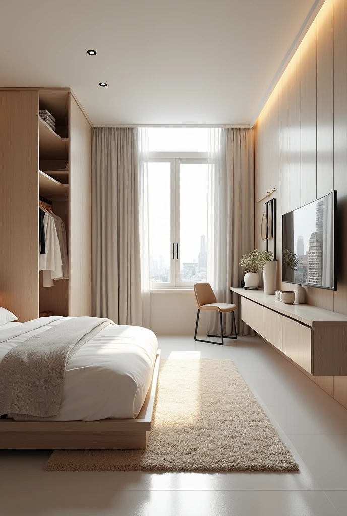 A room with moderna style with a bed, TV, closet, some have mirrors, desk and mats