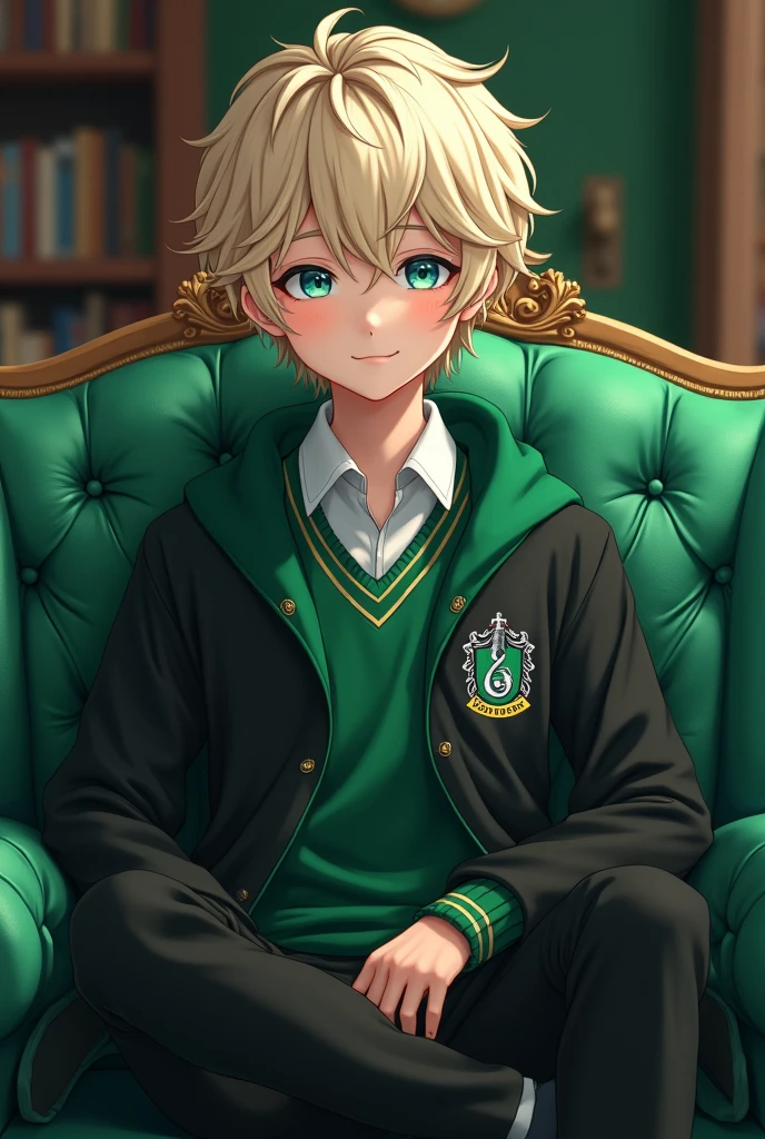 Cute realistic anime boy with platinum blonde hair, blue colored eyes, Slytherin uniform at Hogwarts sitting on a couch in the common room with legs apart.