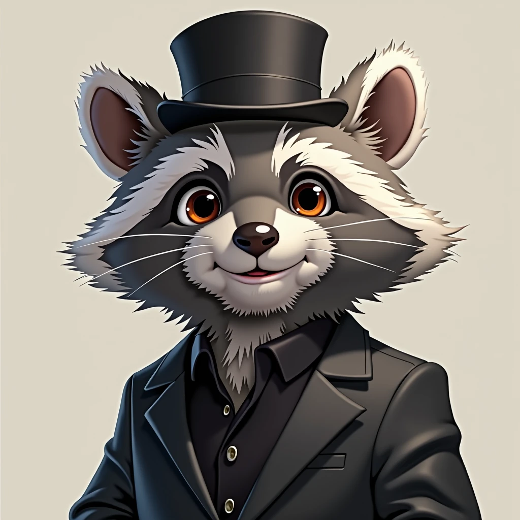 headshot of a fluffy, gray-furred anthropomorphic raccoon, expert smile, He has brown eyes, Grey ears and a rounder face he is dressed in a top hat and black shirt, high quality furry art, high quality fursona ref.