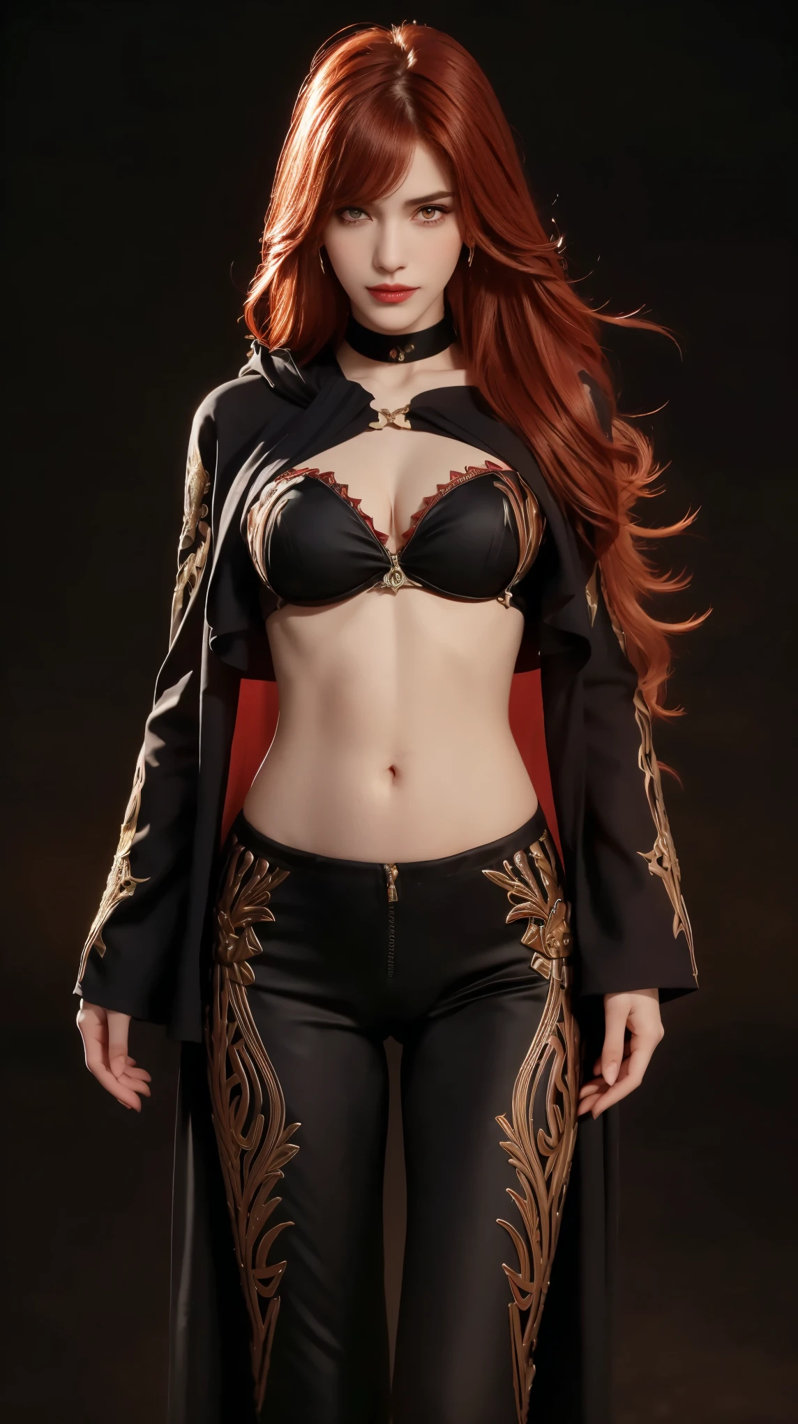 8K, Top Quality, Intricate Details, Ultra Detail, Ultra High Resolution, Masterpiece, close up shot, Slender,, ((Full body )), (Makeup: 0.4), (), , looking at viewer, ((full body)), 1girl, solo, 1 girl, (( )), , , ((tall)), (((fit body))), (((slim face))), sharp face , smile, ((red eyes , red hair, bangs, long hair, messy hair )) , (detailed face), sharp face, small lips, standing, feminine pose, , show belly ,, , ((,abaya )), , ((detail belly )), detail fingers, detail hands, detailed face, detailed breast, huge breast, Narrow Waist, Skinny, 175 cm tall , Muscular, Navel, Exposed Abdomen, Exposed navel, Exposed belly , large breast, , , Beautiful girl with accentuated slender abs: 1.4, Six Pack Abs: 1.4, Bust Botox,, Perfect Body, (( dark background)), black background,