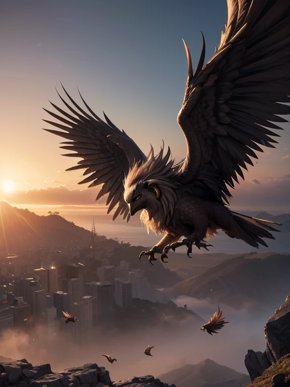 (((Griffon))) Highest quality, Very high resolution, Detailed 4K CG, masterpiece,, Pause, Black and White feathers,, Sun、sf