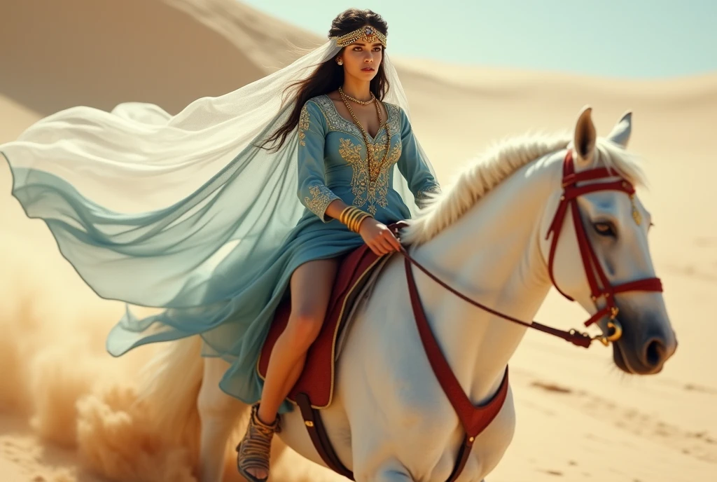 motion blur, side vie, Woman ride White horse, harness, red bridle, hand hold red reins , red saddle, stirrup , running sand ride White horse,Front view , exotic Persian girl is 20 years old, (Black hair ,long hair, Brown eye, Her eyes were outlined with kohl:1.3) , little Lips, serious, head band jewel), (big breasts, wide hip), (She wore a knee-length light blue gorgeous design gown adorned with intricate embroidery, complemented by gold bangles and necklaces. A second, longer shawl covered her head and shoulders, framing her face like a white see-through veil), ((Surrealism, Verism, UHD, retina, masterpiece, anatomically correct, accurate, textured skin, super detail, high details, high quality, best quality, highres, 8k))