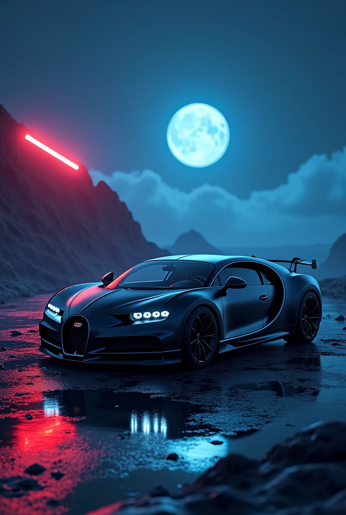 Black matte Bugatti chiron in the moon with blue and red neon lights