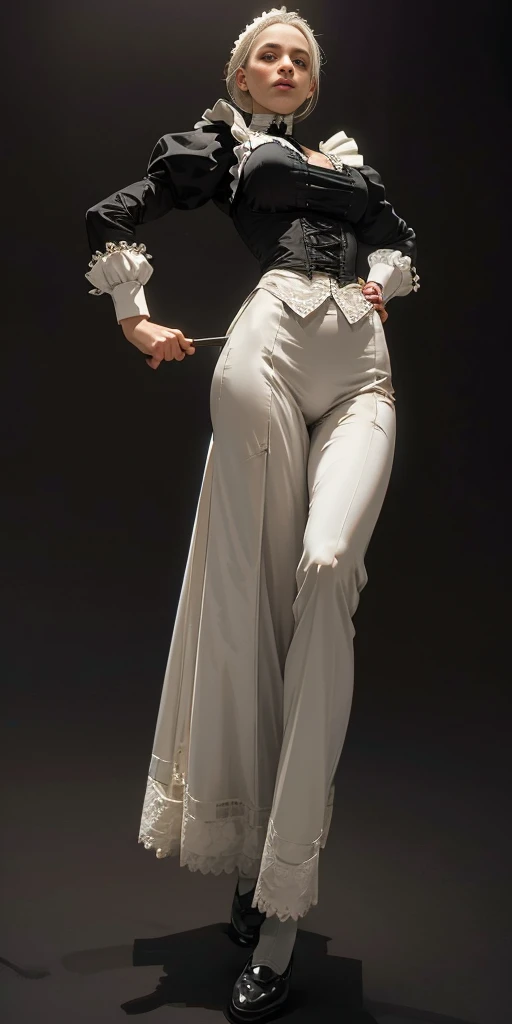 (black background) 1soloefemale, full body low angle, from below, masterpiece depicts a female muscular maid, white-haired female in a Victorian maid outfit, standing symmetrically with her hands on her hips, viewed from below