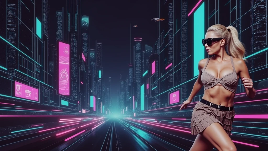 Futuristic cityscapes with colorful all-glass outlined towering skyscrapers with lightning, flying vehicle. High-resolution OLED GUI interfaces in the building, The windows are filled with transparent data visualization infographics that show it all, from weather patterns to traffic flow. Colors are saturated and vibrant. At night, (1girl, solo, alone), photorealistic, large-breast slim:0.6 body, oval:0.5 face, cleavage:1.1, very low angle view of pleated miniskirt, deep-v, (upskirt), glove, (Matrix style black micro sunglasses), dynamic running pose, (half-body thigh level close-up shot), cinematic lighting, ray tracing, motion blur background.