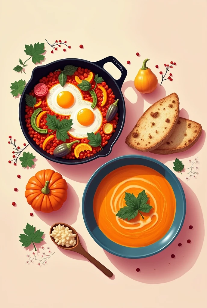 Illustration of these two dishes together “Summer Veggie Shakshuka” Poached eggs in a spiced tomato sauce with seasonal vegetables, served with pita bread. A robust dish full of seasonal freshness.
2. “Autumn Soup” Creamy pumpkin soup with a hint of spice, accompanied by crispy bread. Perfect for cooler days and with a warm flavor.
in illustrated pink orange tones and on a cream beige background