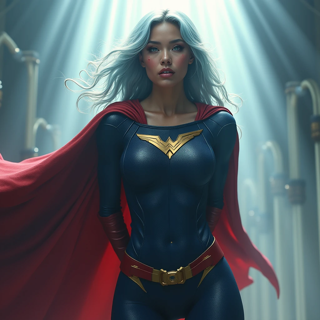A powerful superhero character in a dramatic action pose, She has her hands behind her back. She wears a full dark blue, textured bodysuit with golden accents on the shoulders and wear red long gloves until her elbows. She have got long light blue hair, light blue eyes, large breast. She has a severe and stern expression. A large American flag cape billows behind her, adding a sense of movement to the scene. There are stains of blood on her face ,The atmosphere around her is misty, with beams of light piercing through the clouds, highlighting the figure in a heroic manner, photorealistic 