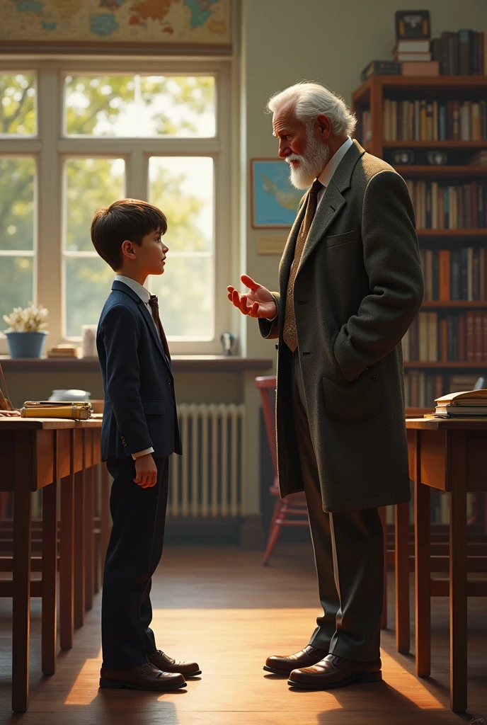 A boy student talks to a boy teacher
